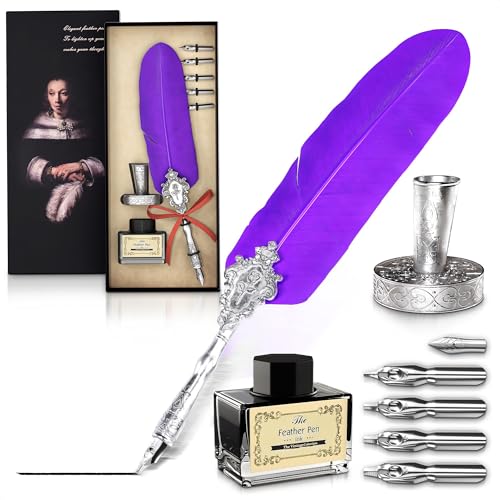 Lagarto Feather Pen and Ink Set, 11.4", 6 Steel Nibs, Inkwell (Purple) | Quill Pen and Ink Set, Beginner Calligraphy Dip Kit with Antique Handle, Gift Box; for Signatures, Letters and Vintage Decor - color: Purple