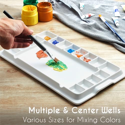 Ceramic Watercolor Palette, Rectangular Porcelain Artist Paint Palette, 16-Well Art Mixing Tray with Lid for Watercolor, Gouache, Acrylic Painting - size: 14" x 8.5" x 1"