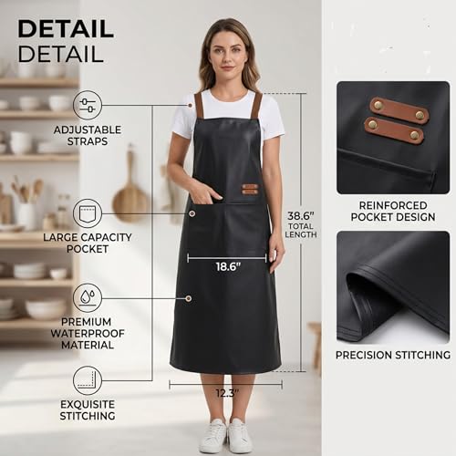 Waterproof Apron Large Pocket PU Material Waterproof Oil-proof Dust-proof Apron Black and Red - color: Black（long）