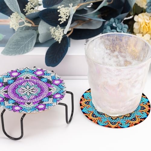 8 Pcs Boho Diamond Art Painting Coasters with Holder, DIY Boho Mandala Flower Diamond Crafts Coasters for Adults Diamond Art Painting Kits for Beginners, Diamond Craft Supplies for Adults - color: Datura Flower
