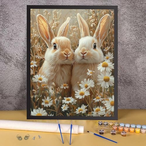 RICUVED Easter Paint by Numbers for Adults, Rabbits Paint by Numbers Kit for Adults Beginners, Flowers DIY Acrylic Oil Painting on Canvas Easy for Gift Home Wall Decor 16x20 Inch - color: SO004