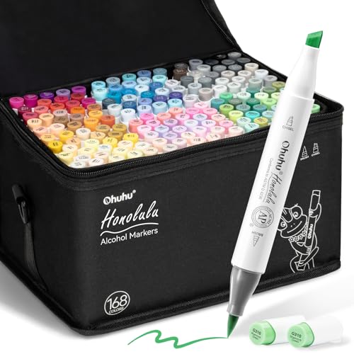 Ohuhu Alcohol Markers Brush Tip 168 Colors for Adults Coloring Refillable | AP Certified Brush& Chisel Drawing Markers for Artists Beginners Illustration Sketching, Dual Tips Art Marker Set, Honolulu