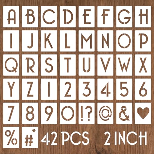 YEAJON 2 Inch Letter Stencils and Numbers, 42 Pcs Alphabet Drawing Stencils, Reusable Plastic Craft Templates for Painting on Wood, Wall, Fabric, Rock, Signage - size: 2 Inch