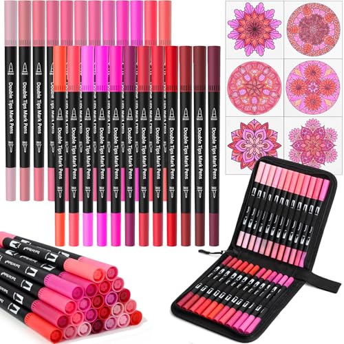 Red&Pink Dual Tip Brush Pen,Colored Fine & Brush Calligraphy Pens,Dual Tip Pink Markers for Adult Coloring Books Drawing Planner Calendar Art Sketch Outlining Sketching Calligraphy - color: Red