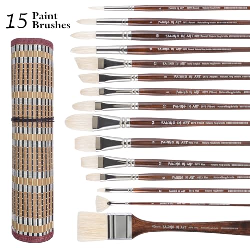 Falling in Art 15 Pcs Professional Oil Paint Brush Set, Natural Hog Bristle - color: Brown