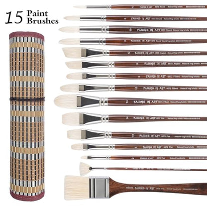 Falling in Art 15 Pcs Professional Oil Paint Brush Set, Natural Hog Bristle - color: Brown