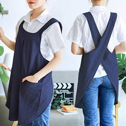 NEWGEM Japanese Cotton Linen Cross Back Cooking Apron for Women Men with Pockets Cute for Baking Kitchen - color: 03 - Women's Navy Blue