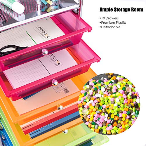 Happygrill 10-Drawer Storage Cart, Utility Cart with Removable Drawers & Metal Frame, Rolling Storage Cart with Lockable Wheels for Home, Office, Rainbow - color: Rainbow
