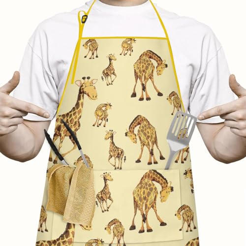 Apron with 2 Pockets,Kitchen Chef Artist Aprons for Cooking Gardening Baking Painting, Waterproof Apron 33" x 27" - color: Giraffe
