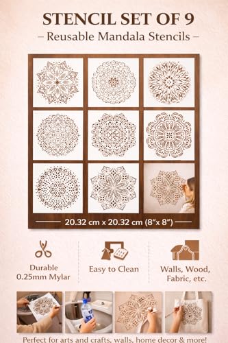 UNbox that Feelings Mandala Stencil Set (Pack of 9) – 8x8 Inch Reusable Mylar Stencils for Painting on Wood, Wall, Fabric, Furniture, Canvas & DIY Crafts Medium White