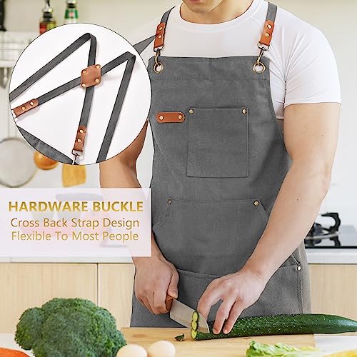 Aoomzoon Canvas Aprons for Men Chef Apron, Work Apron with Large Pockets - 16oz Heavy Duty Cross Back, BBQ, Cooking - color: Gray