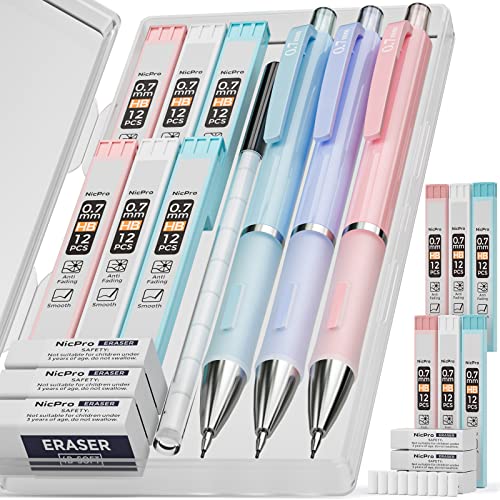 Nicpro 3PCS Cute Mechanical Pencil Set with Case, 0.7 mm Pencils - style: 3 Pack (0.7mm)