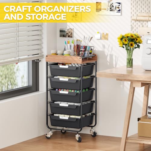 SYKIARIOL Utility Cart with 4 Labeling Drawers and Wooden Tabletop,Black - color: Classic Black, size: 4-Drawer