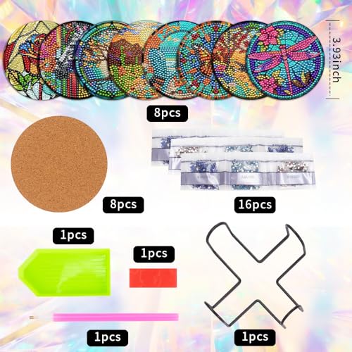 8 Pcs Diamond Art Painting Coasters with Holder, DIY Colorful Glass Stain Diamond Art Painting Kits for Beginners, Diamond Craft Supplies for Adults Kids Coasters Gift - color: Colorful Glass
