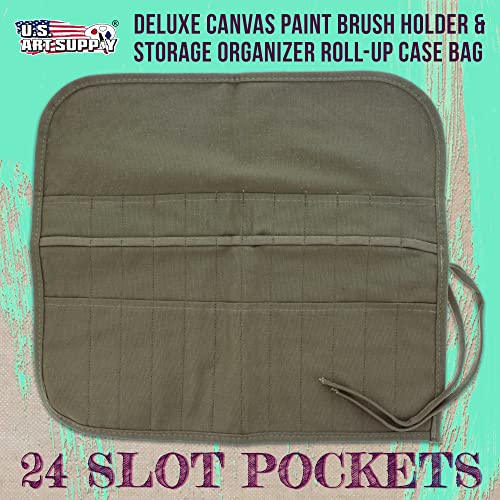 U.S. Art Supply Deluxe Canvas Art Paint Brush Holder & Storage Organizer | Roll-Up Case Bag - 24 Slot Pockets Carry Pouch - Protect Artist Acrylic Oil Watercolor Paintbrushes - Store Pencils, Pens