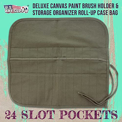 U.S. Art Supply Deluxe Canvas Art Paint Brush Holder & Storage Organizer | Roll-Up Case Bag - 24 Slot Pockets Carry Pouch - Protect Artist Acrylic Oil Watercolor Paintbrushes - Store Pencils, Pens