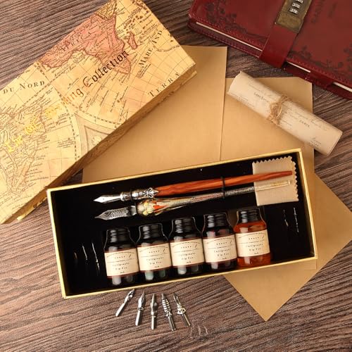 MU-02 Calligraphy Pen Set, Glass Dip Pen and Handcrafted Wooden Dip Pen Gift Set with 5 Colors Calligraphy Ink 6 Nibs, Calligraphy Set for Beginners