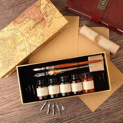 MU-02 Calligraphy Pen Set, Glass Dip Pen and Handcrafted Wooden Dip Pen Gift Set with 5 Colors Calligraphy Ink 6 Nibs, Calligraphy Set for Beginners