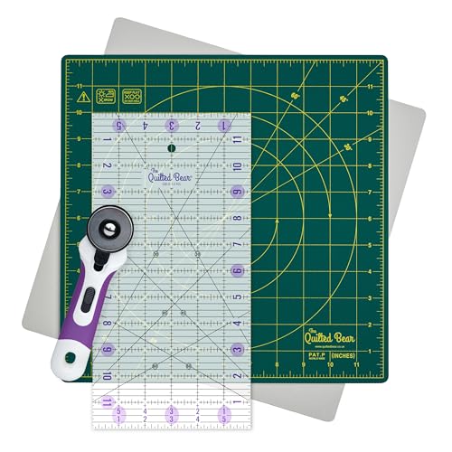 The Quilted Bear Quilter's Bundle - 12" x 12" Rotating Cutting Mat (Green), 6" x 12" Quilting Ruler & 45mm Rotary Cutter Bundle for Quilting & Crafting