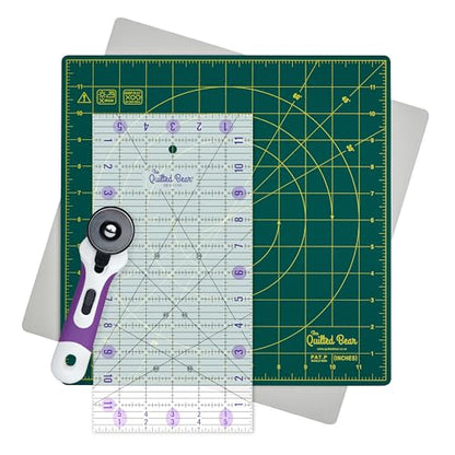 The Quilted Bear Quilter's Bundle - 12" x 12" Rotating Cutting Mat (Green), 6" x 12" Quilting Ruler & 45mm Rotary Cutter Bundle for Quilting & Crafting