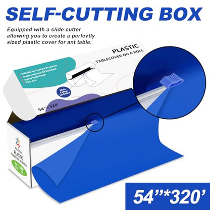 54IN X 320FT Plastic Table Cover Roll with Cutter Box, Cut to Size Plastic Table Cloths for Parties, Birthday, (Blue, 54"x3840"(Rectangular)) - color: Blue, size: 3840" x 54" (Rectangular)