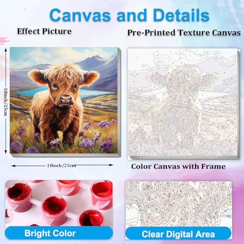 Artunion Framed Paint by Numbers Kit for Adults Beginners & Kids Ages 8-12,Highland Cow Paint by Number with Frame,Cow Animal Paint by Numbers Kit on Canvas 10 * 10 Inch Without Easel - color: ZXT-324-F