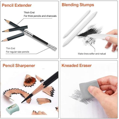 Drawing Pencils,24pcs Art kit with Graphite Pencils Sketching Pencil Set Include 12B 10B 8B 7B 6B 5B 4B 3B 2B B HB 2H 4H 6H, Charcoal Pencils.Pencil Case for Beginner Artists Adults and Children