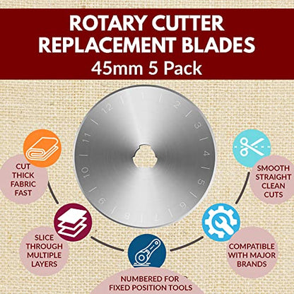 Madam Sew 45mm Rotary Cutter Replacement Blades, 5 Tungsten Steel Blades | Cuts Thick Layers of Fabric, Felt, Leather and Vinyl – Compatible with Fiskars, Olfa, Clover and Other Brands - size: 45mm blades