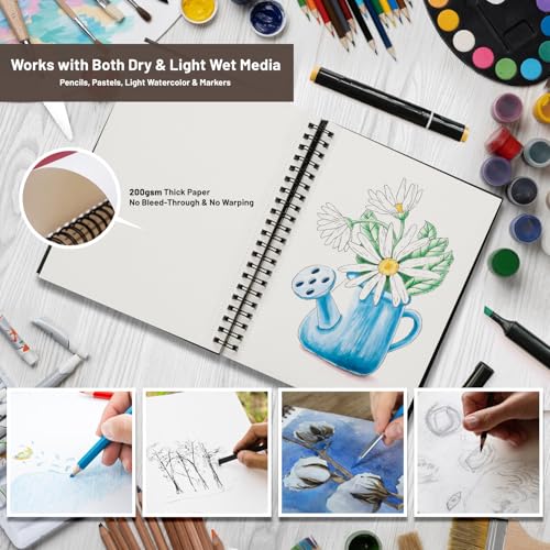 8.5" x 11" Mixed Media Sketchbook Hardcover Spiral Drawing Pad | 80 Sheets (160 Pages), 200gsm Paper, Dry & Light Wet Media, Lay Flat Spiral Binding, Clean Tear Pages, Acid-Free Protection - size: 8.5*11 inch(80 Sheets)