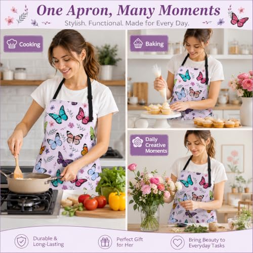 Butterflies Apron with 2 Pockets Adjustable Stain Resistant Kitchen Cooking Apron for Baking BBQ Grilling Grilling Painting Gardening - color: Butterflies