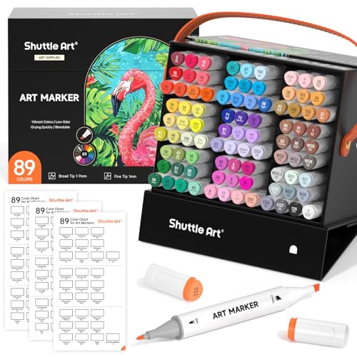 Shuttle Art 89 Colors Alcohol Markers, 88 Colors Dual Tip Art Marker Set Plus 1 Colorless Blender with Marker Case Perfect for Illustration Students Adult Coloring Sketching - color: 88 Colors