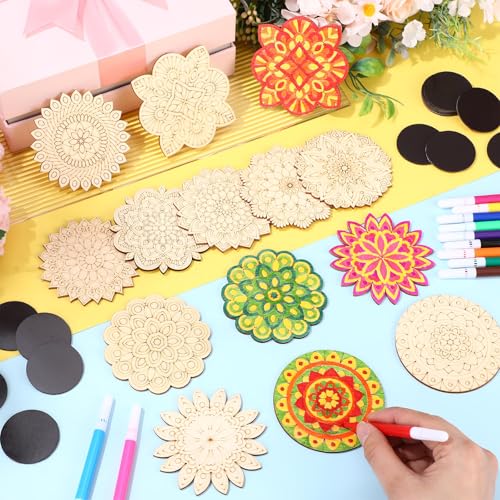 Cinnvoice 104 Pcs Wooden Mandala Magnet DIY Mandala Fridge Magnet Craft Painting Kit Included 40 Unfinish Wood Cutout 24 Colored Pen 40 Self Adhesive Magnets for Refrigerator Decor(Stylish) - style: Stylish