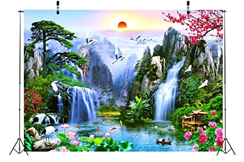 BELECO 12x10ft Fabric Fairyland Mountain Lake Photography Backdrop Waterfalls Swans Fish Flowers Dreamy Natural Landscape Painting Background Wall Murals Home Decor Kids Adults Portrait Photoshoot - size: 12x10FT