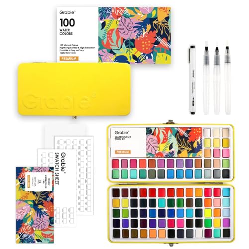 Grabie Set of 100 Color Premium Watercolor Paint Set with Brush Pens | Brush Pens And Paper Pad Included, Waterproof Fineliner, Portable Art Kit, High Pigment Paints, Smooth Color Blending - color: 100 Colors（Premium）