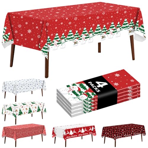 4 Pack Christmas Snowflake Tablecloth Disposable Plastic Tablecloth Table Cover for Christmas Party Decoration Supplies 54 x 108 Inches (Christmas Snowman) - color: Christmas Snowman