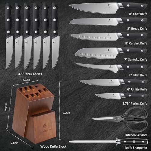 16 PCS Japanese Kitchen Knife Set with Block, Dishwasher Safe | 5 Layers High Carbon 9Cr18Mov Stainless Steel, Ultra-Sharp Professional Chef Cooking Knives Set with Ergonomic Handle - color: 16PCS Knife Set