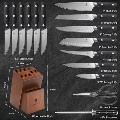 16 PCS Japanese Kitchen Knife Set with Block, Dishwasher Safe | 5 Layers High Carbon 9Cr18Mov Stainless Steel, Ultra-Sharp Professional Chef Cooking Knives Set with Ergonomic Handle - color: 16PCS Knife Set