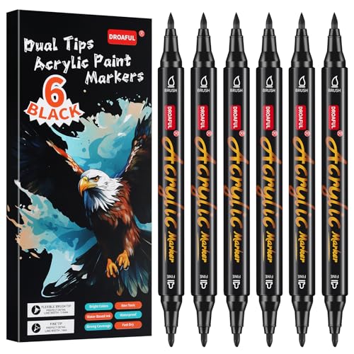 Acrylic Paint Pens Markers, 6 Pc Black Dual Tips Waterproof Paint Markers | Rock Painting, Fabric, Metal, Glass, Wood, Canvas, Ceramic, Pumpkins, Eggs, Plastic, Non-Toxic & Odor - color: Brush Fine 6 Black