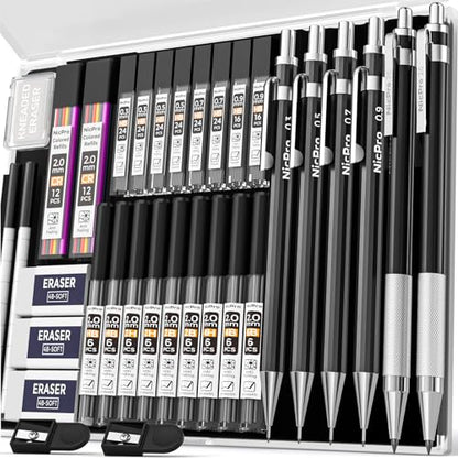 Nicpro 34PCS Black Art Mechanical Pencils Set, Metal Automatic Pencil 0.3, 0.5, 0.7, 0.9 mm & 2PCS 2mm Lead Holder (6B 4B 2B HB 2H 4H Colors) For Sketching Drawing With 19 Tube Lead Refills Case - color: Black 34