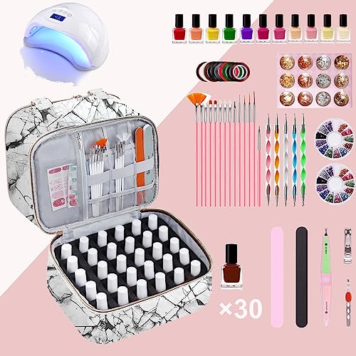 FCQQYWZ Nail Polish Organizer Case - Holds 30+ Bottles (15ml/0.5 fl.oz) and 1 Nail Lamp, Upgraded Double-layer Nail Polish Carrying Case Nail Polish Storage Bag with Handles (WHITE) - color: White-30Bottles