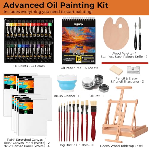 VISWIN Deluxe Oil Paint Set with Beech Wood Easel Box, Advanced Painting Kit with Paint Brush, Canvas, Palette, Oil Cup, Brush Washer, Pencils, Art Supplies, Painting Set for Adult, Artist, Beginners
