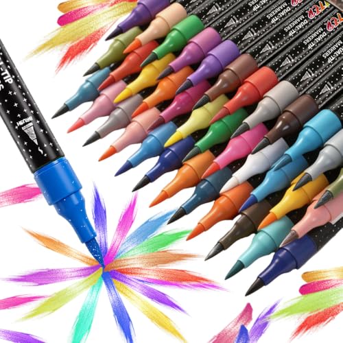 48 Colors Duo Glitter Effect Brush Markers, 24 Pack Water-based Ink Glitter Pens, Metallic Sparkle Markers for Doodle Writing, Glitter Art Crafts Gifts Trendy Stuff Art Supplies Drawing Supplies