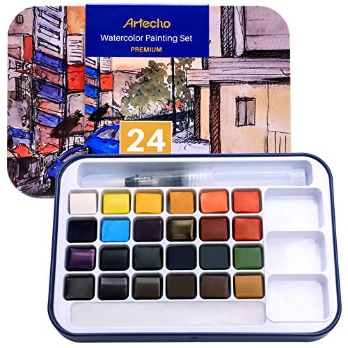 Artecho 24 Colors Watercolor Paint Set, Portable Travel Tin Box with Brush - color: 24 colors