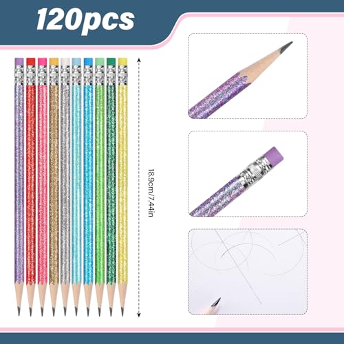 TecUnite 120 Pcs HB Pencils #2 Unsharpened Wood Cased Pencils with Eraser Hexagonal Pencil Cute Graphite No 2 Pen for Adults Gifts Exam School Office Sketching Learning (Glitter Series) - color: Glitter Series