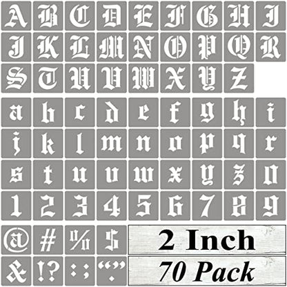 2 Inch Alphabet Letter Stencils for Painting - 70 Pack Old English Letter Stencil Templates with Numbers and Signs for Painting on Wood, Reusable Letters Stencils for Chalkboard Wood Signs & Wall Art - size: 2 Inch