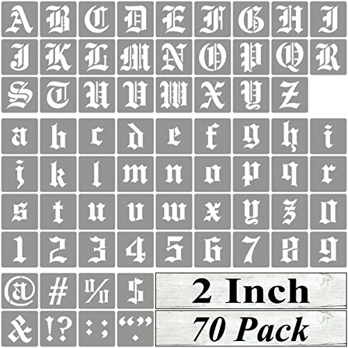 2 Inch Alphabet Letter Stencils for Painting - 70 Pack Old English Letter Stencil Templates with Numbers and Signs for Painting on Wood, Reusable Letters Stencils for Chalkboard Wood Signs & Wall Art - size: 2 Inch