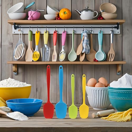 Silicone Spatula Set of 4, Non-stick Rubber Spoon Spatulas, One Piece Design Flexible Silicone Spoon for Baking Cooking Mixing, Dishwasher Safe, 2 Sizes - color: Red,Blue(Large)+Green,Yellow(Small)