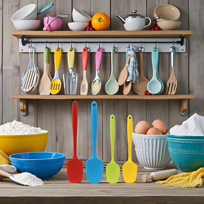 Silicone Spatula Set of 4, Non-stick Rubber Spoon Spatulas, One Piece Design Flexible Silicone Spoon for Baking Cooking Mixing, Dishwasher Safe, 2 Sizes - color: Red,Blue(Large)+Green,Yellow(Small)