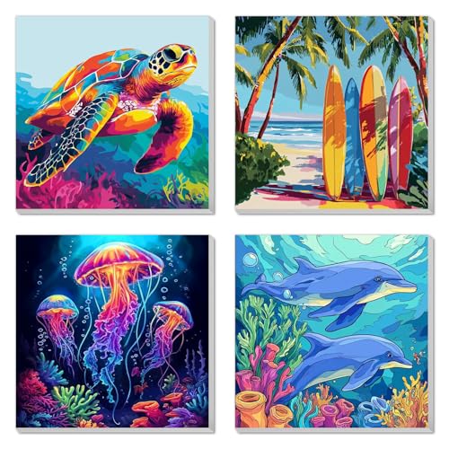 4 Pack Paint by Numbers Kit for Kids Easy Kid Paint by Number Kits Ages 8-12 Beach DIY Painting Kits for Kids Age 4-8 Beginner Paint by Number Canvas with Frame Children Color by Numbers Kit 8x8 Inch - color: Beach Paint by Numbers Kit for Kids
