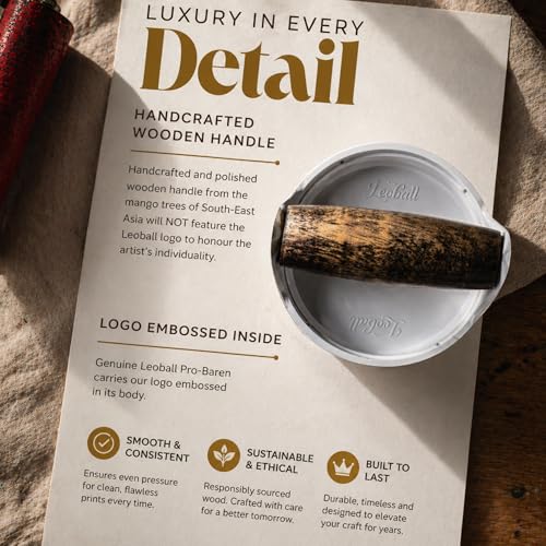 Leoball® Block/Gel Printing Baren– with 3 Layer Tech: Soft Foam Layer Covered in Smooth Nitex Nylon Along with Smooth-Glide Plastic Film. Features Comfortable Wooden Handle. Pro Baren - 4 inches